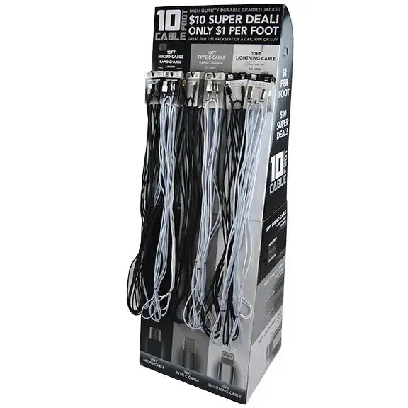 10FT Braided Sync and Charge Cable Assortment Floor Display - 24 Pieces Per Retail Ready Display 88299