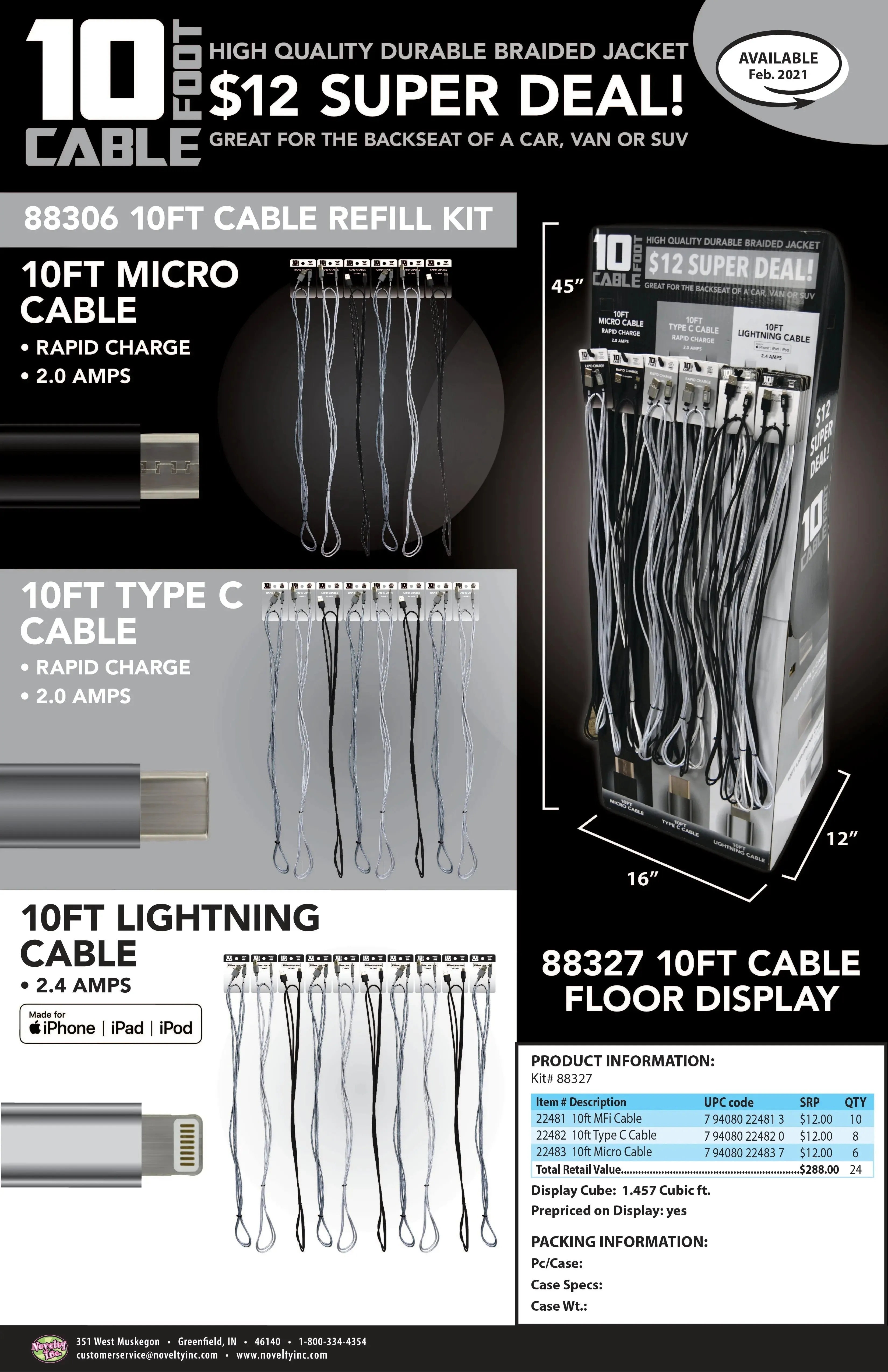 10FT Braided Sync and Charge Cable Assortment Floor Display - 24 Pieces Per Retail Ready Display 88327