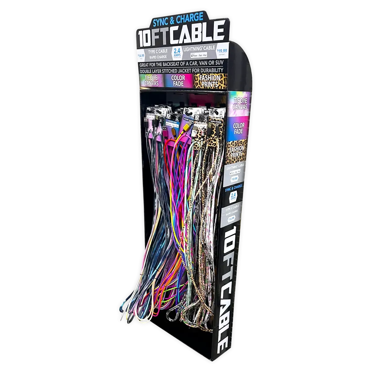 10FT Braided Sync and Charge Cable Assortment Floor Display - 38 Pieces Per Retail Ready Display 88396