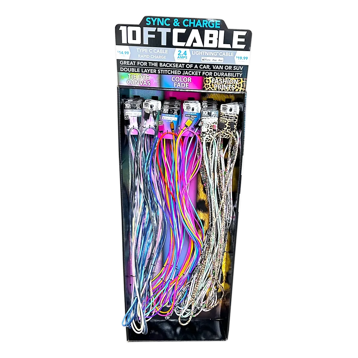 10FT Braided Sync and Charge Cable Assortment Floor Display - 38 Pieces Per Retail Ready Display 88396