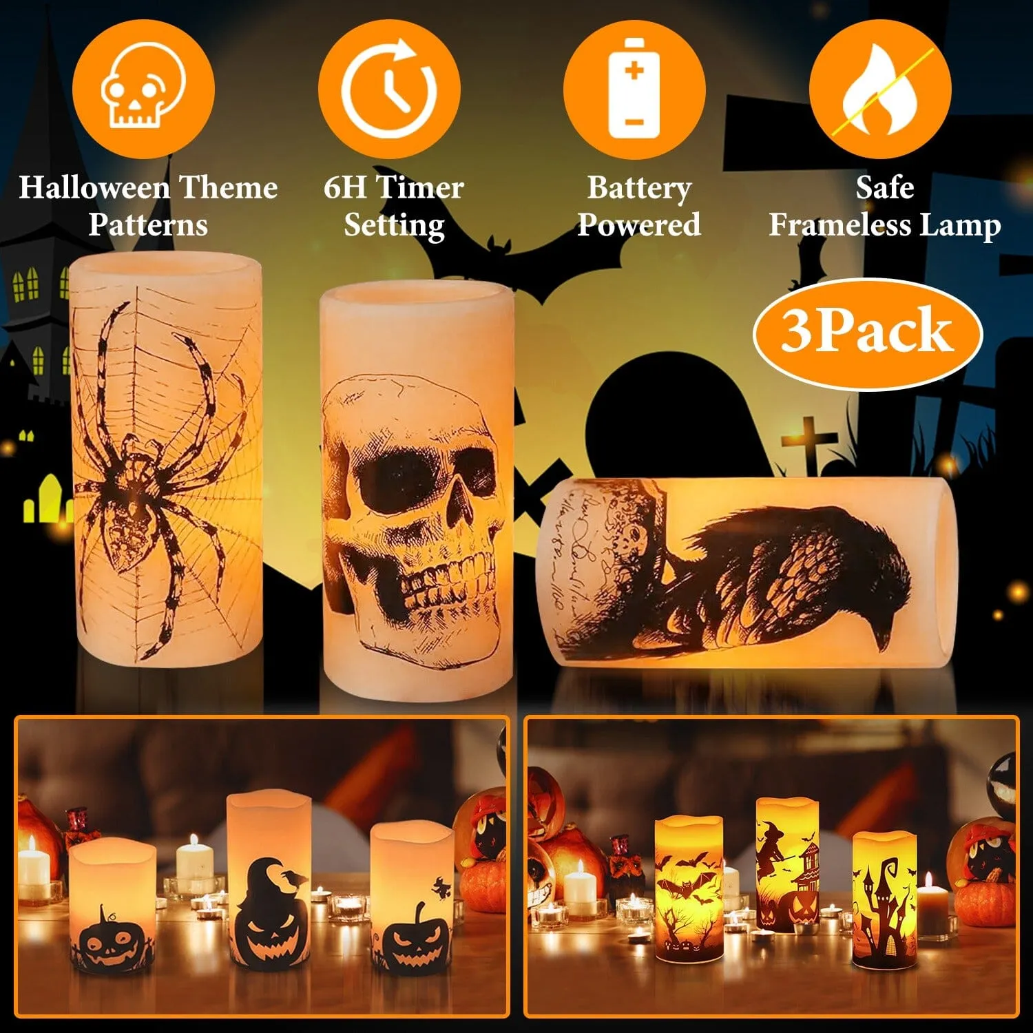 3-Pack: Halloween Battery Operated Flameless Candle Lamp with Timer Setting