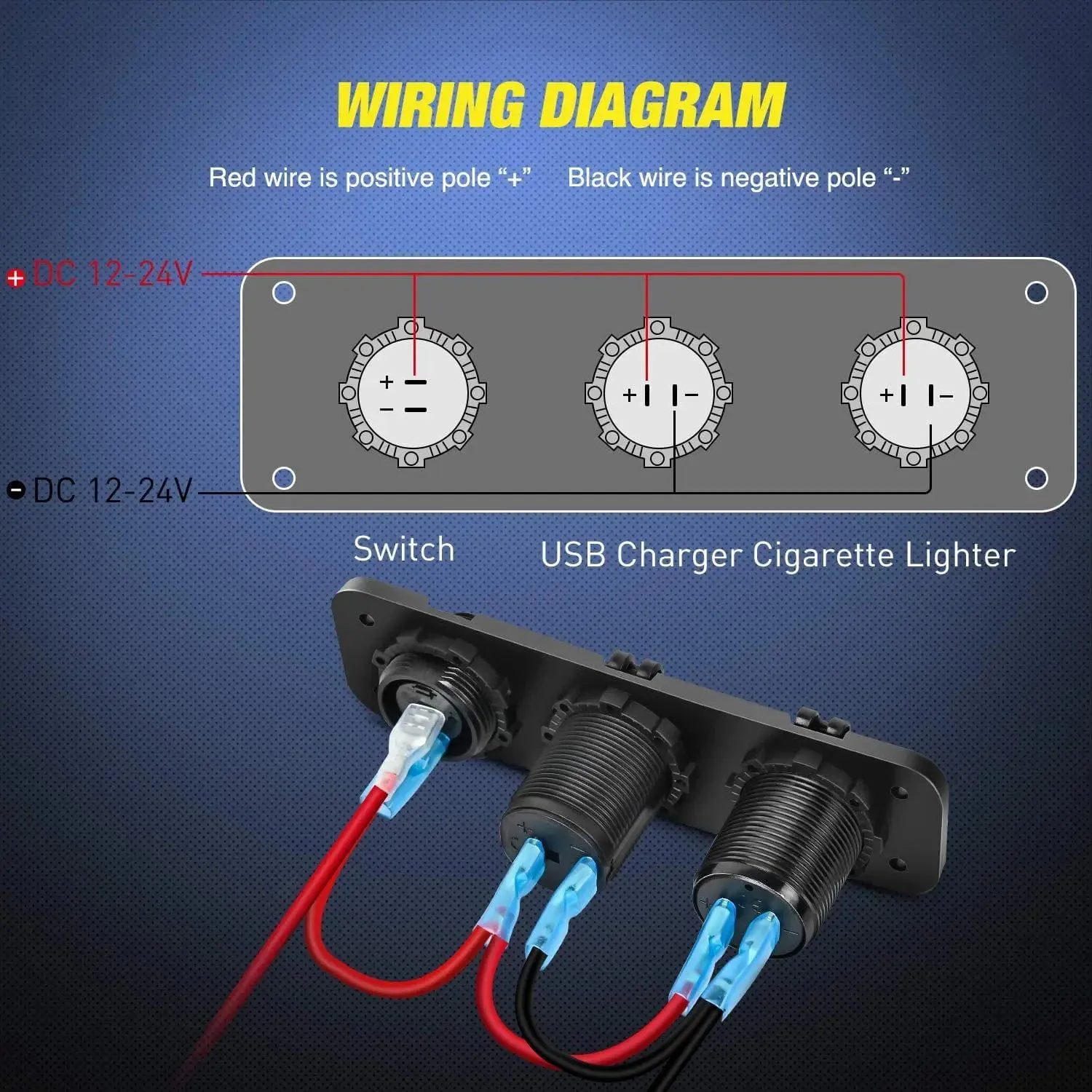 4 in 1 ON/OFF Blue Charger Socket Panel w/ Dual QC 3.0 USB Voltmeter Cigarette