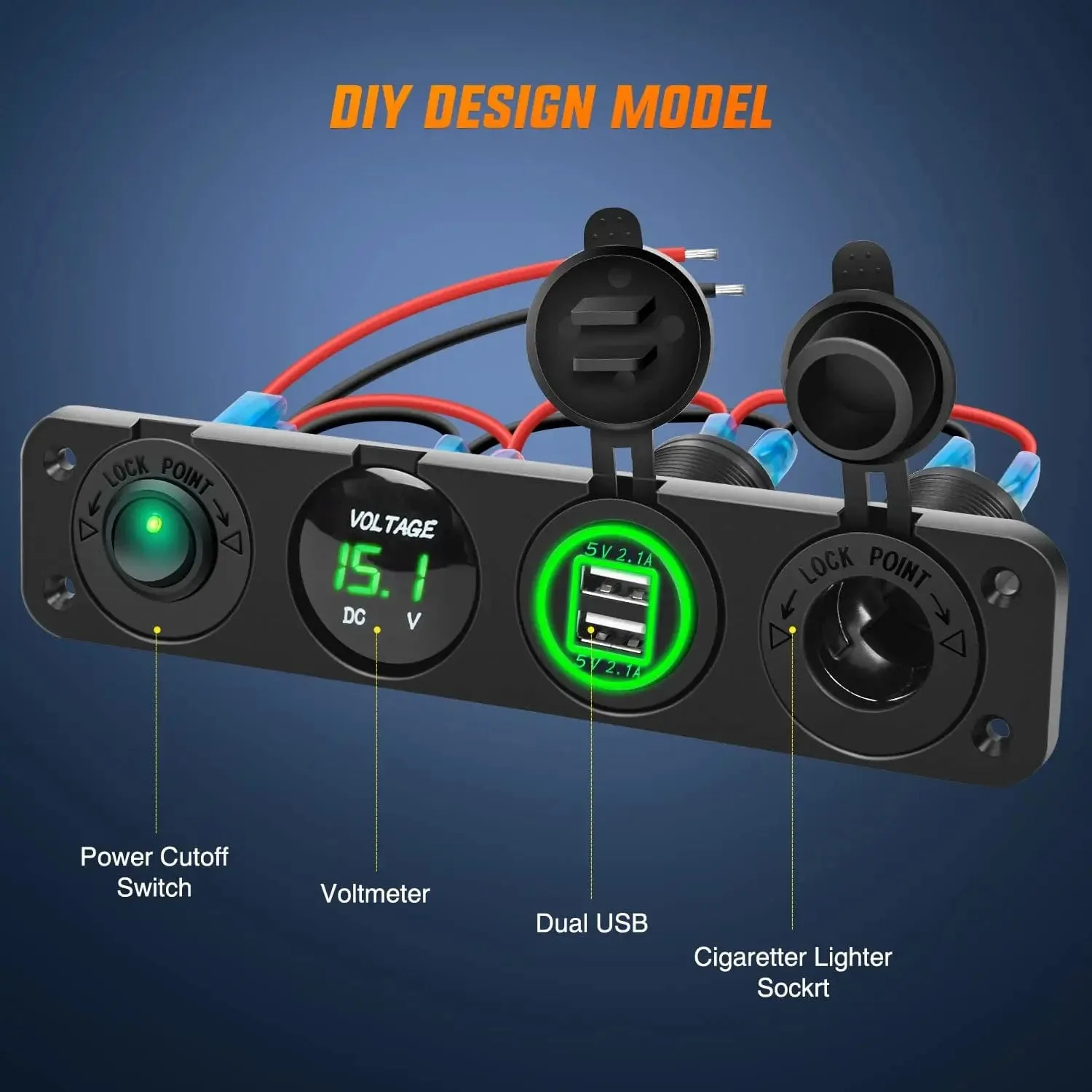 4 in 1 ON/OFF Green Charger Socket Panel w/ Dual USB Voltmeter Cigarette