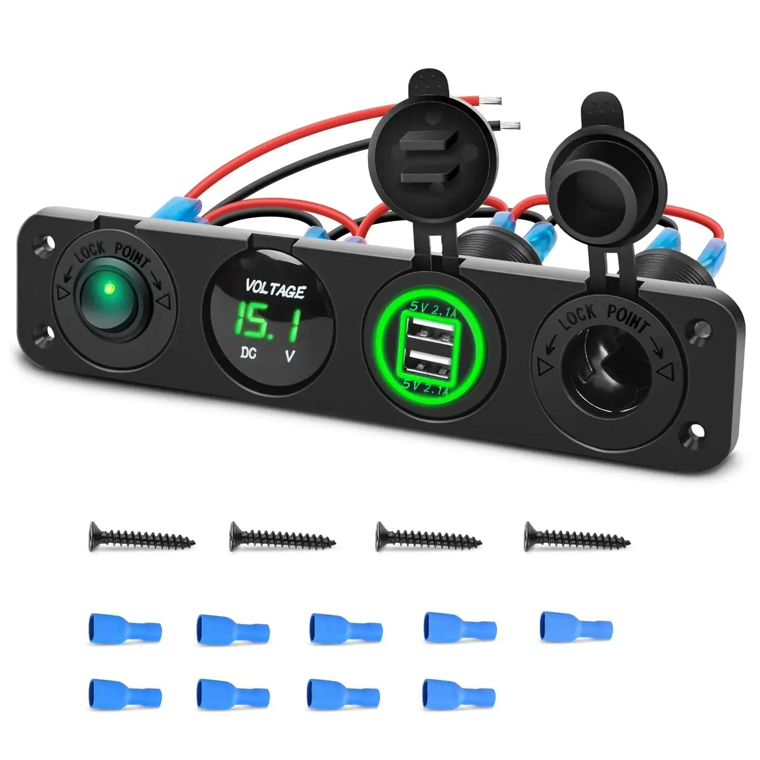 4 in 1 ON/OFF Green Charger Socket Panel w/ Dual USB Voltmeter Cigarette
