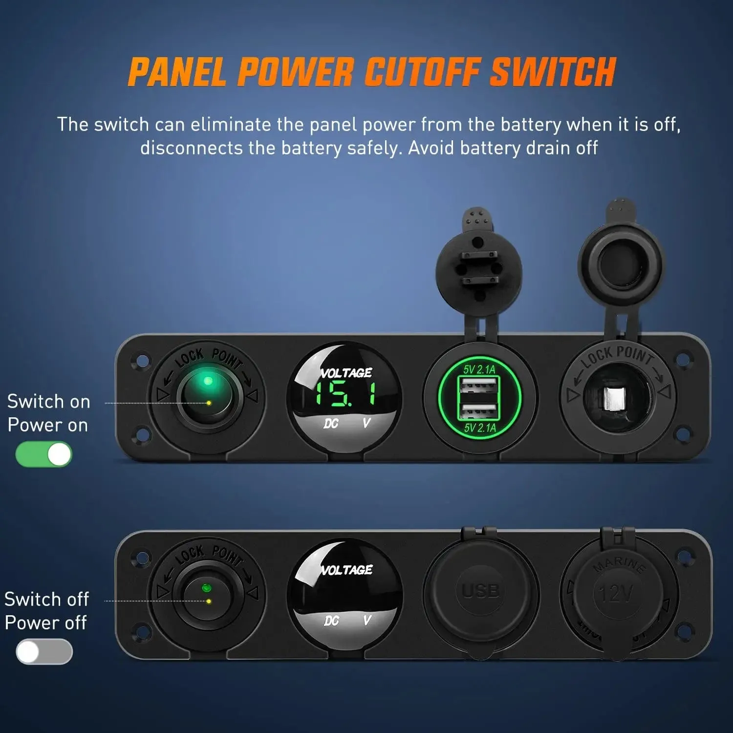 4 in 1 ON/OFF Green Charger Socket Panel w/ Dual USB Voltmeter Cigarette