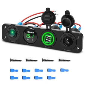 4 in 1 ON/OFF Green Charger Socket Panel w/ Dual USB Voltmeter Cigarette