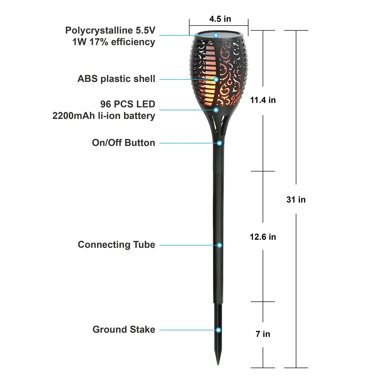 96 LEDs Solar Flame Torch Light