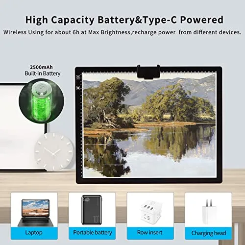 A4 Rechargeable Light Box, iVAOOZE Wireless Magnetic Tracing Light Pad, 5 Levels Brightness Light Table, Cordless Battery Powered Light Drawing Board for Diamond Painting Cricut Weeding Vinyl (White)