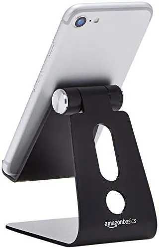 Amazon Basics Adjustable Aluminum Cell Phone Desk Stand for iPhone and Android, Black, 3.3 x 3 x 4.2 Inch (LxWxH)
