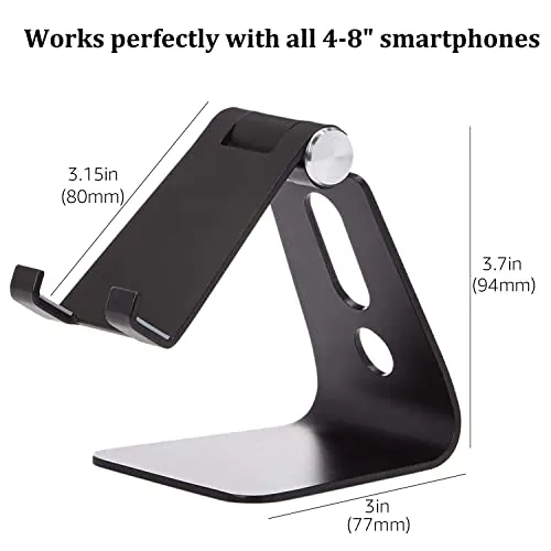 Amazon Basics Adjustable Aluminum Cell Phone Desk Stand for iPhone and Android, Black, 3.3 x 3 x 4.2 Inch (LxWxH)