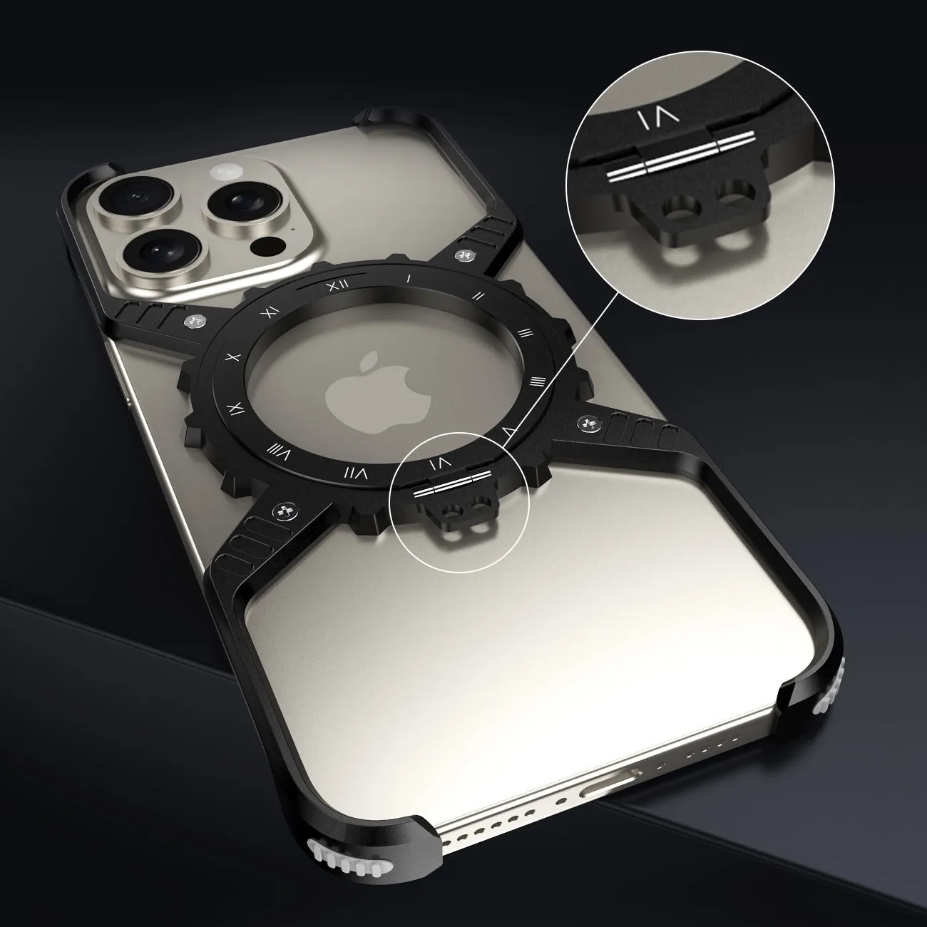 Armor King X Mechanical Gear MagSafe Pivot Ring Stand Air Cushion Luminous Metal Case Cover