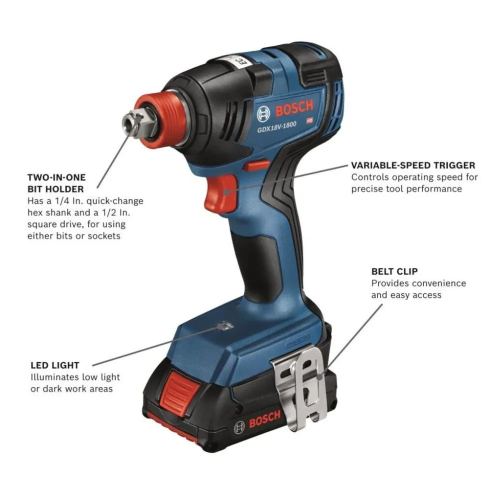 Bosch GDX18V-1800B12 18V Two-In-One 1/4" and 1/2" Bit/Socket Impact Driver/Wrench Kit with 2 Ah Standard Power Battery
