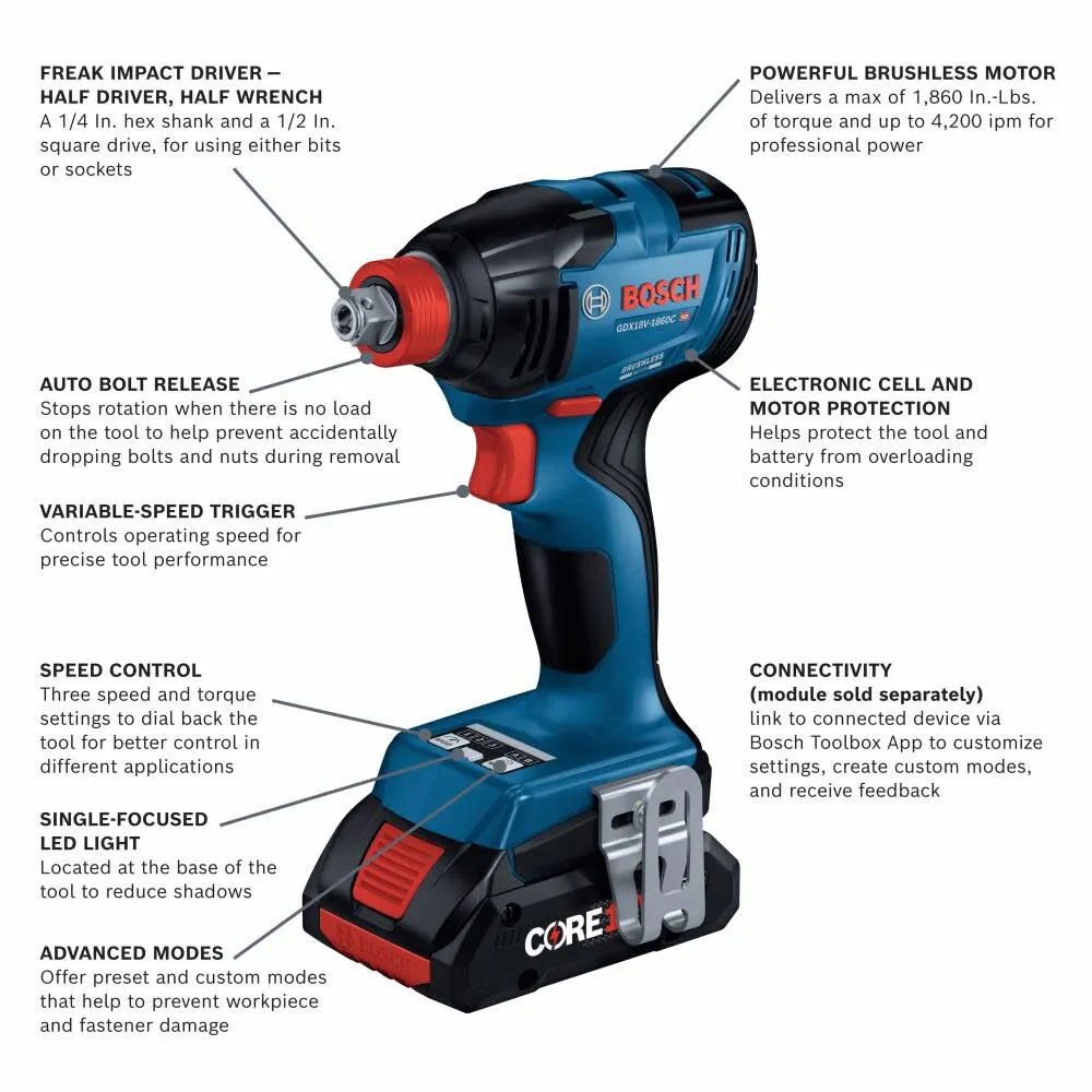 Bosch GDX18V-1860CB25 18V Connected-Ready Two-In-One 1/4" and 1/2" Bit/Socket Impact Driver/Wrench Kit with (2) CORE18V 4.0 Ah Compact Batteries and (1) Connectivity Module