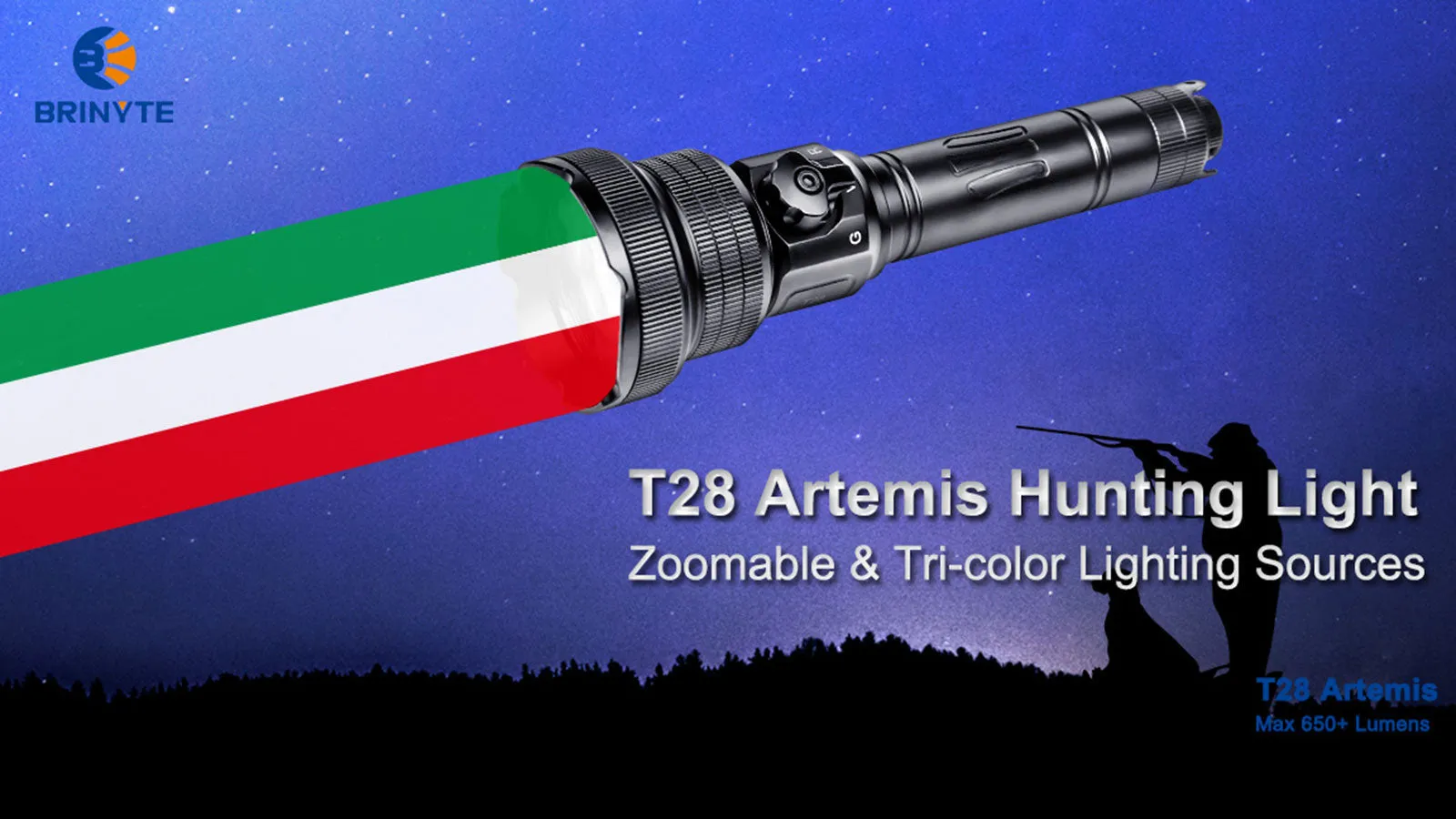 Brinyte T28 Artemis Tri-Colour Hunting Torch (Hand-Held/Scope Mounted)