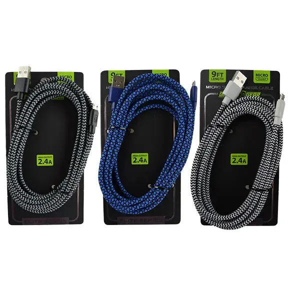Charging Cable Elite Cloth USB to Micro USB 9FT 2.4 Amp- 3 Pieces Per Pack 22441