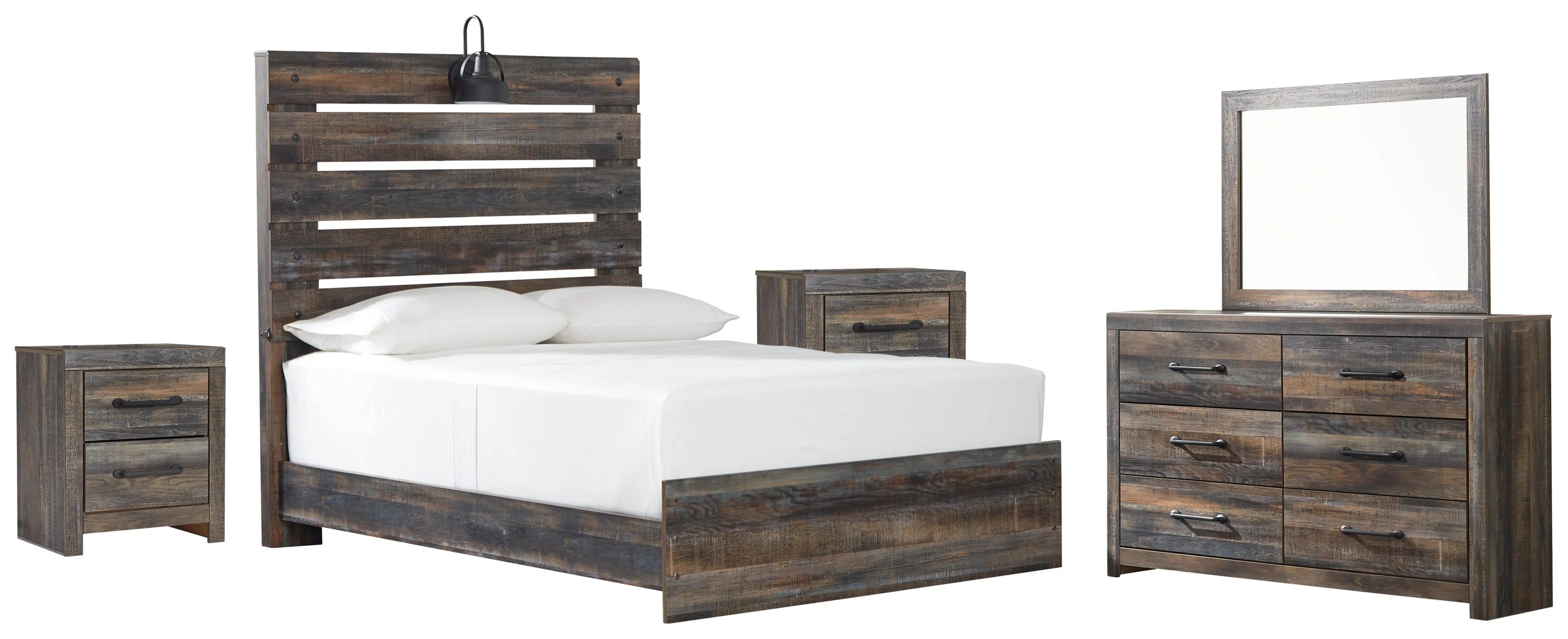 Drystan Full Panel Bed with Mirrored Dresser and 2 Nightstands in Multi
