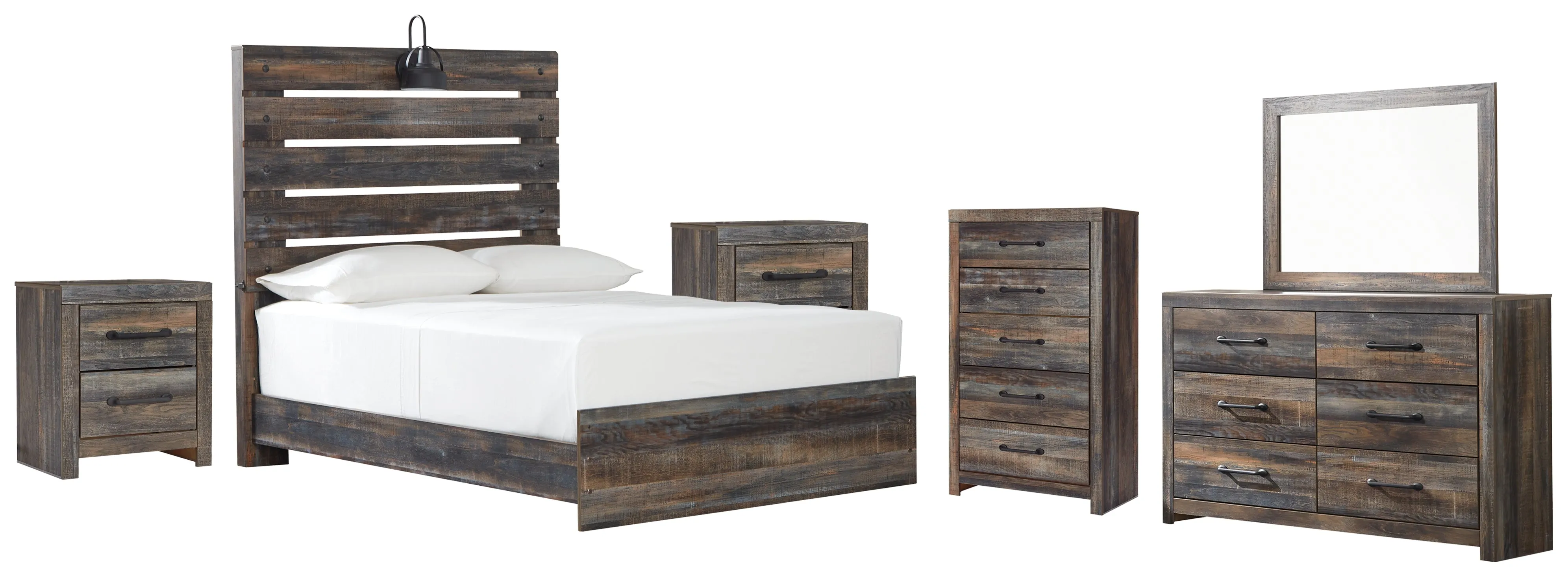 Drystan Full Panel Bed with Mirrored Dresser, Chest and 2 Nightstands in Multi