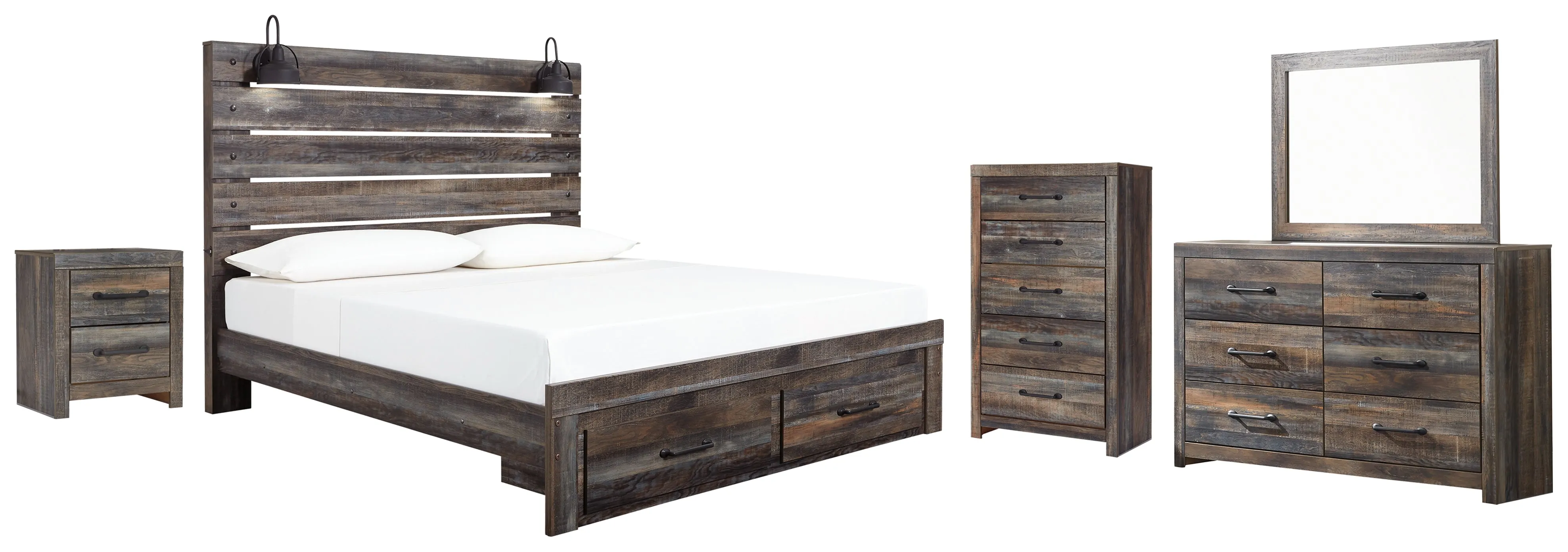 Drystan King Panel Bed with Storage with Mirrored Dresser, Chest and Nightstand in Multi