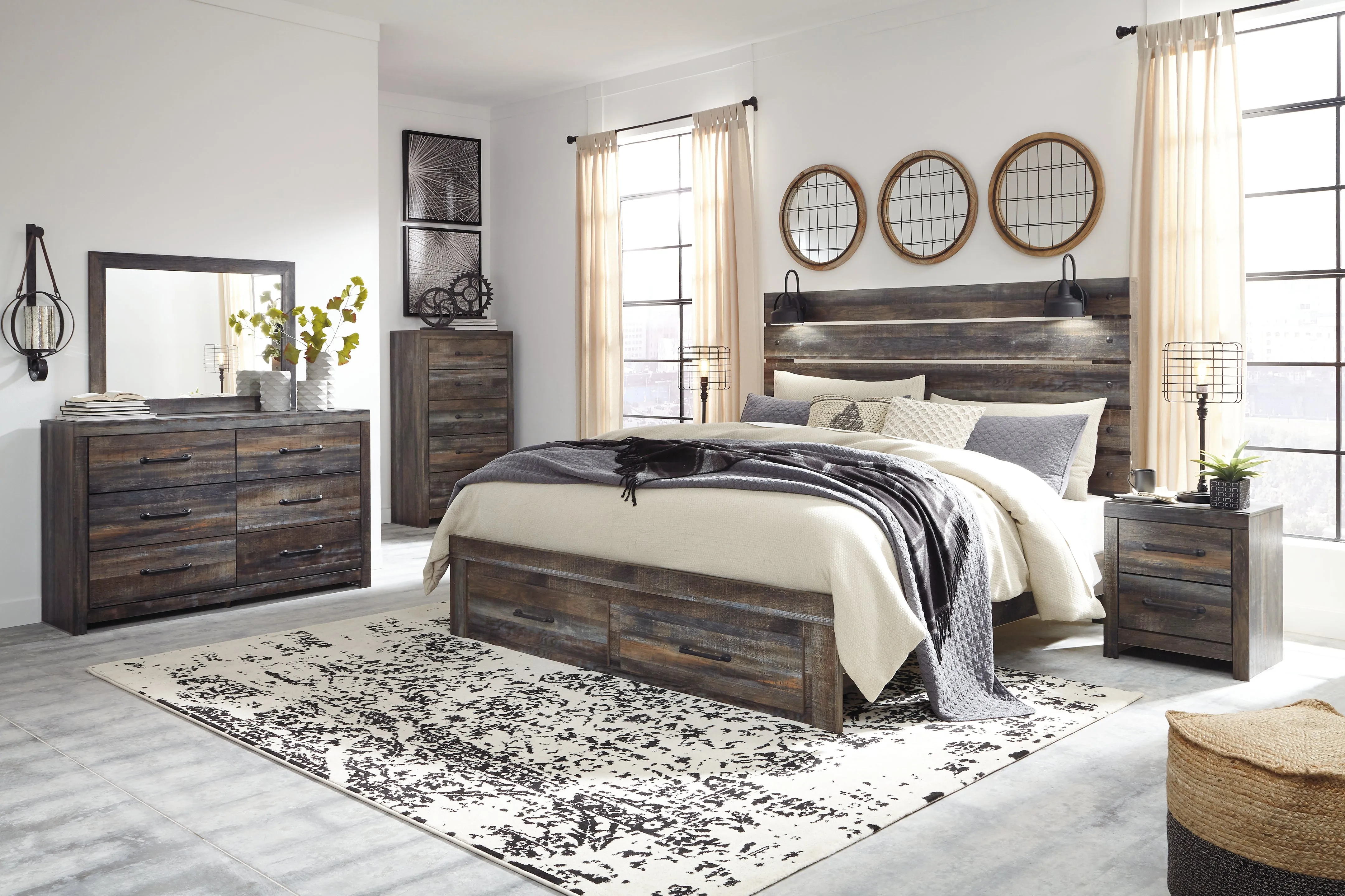 Drystan King Panel Bed with Storage with Mirrored Dresser, Chest and Nightstand in Multi