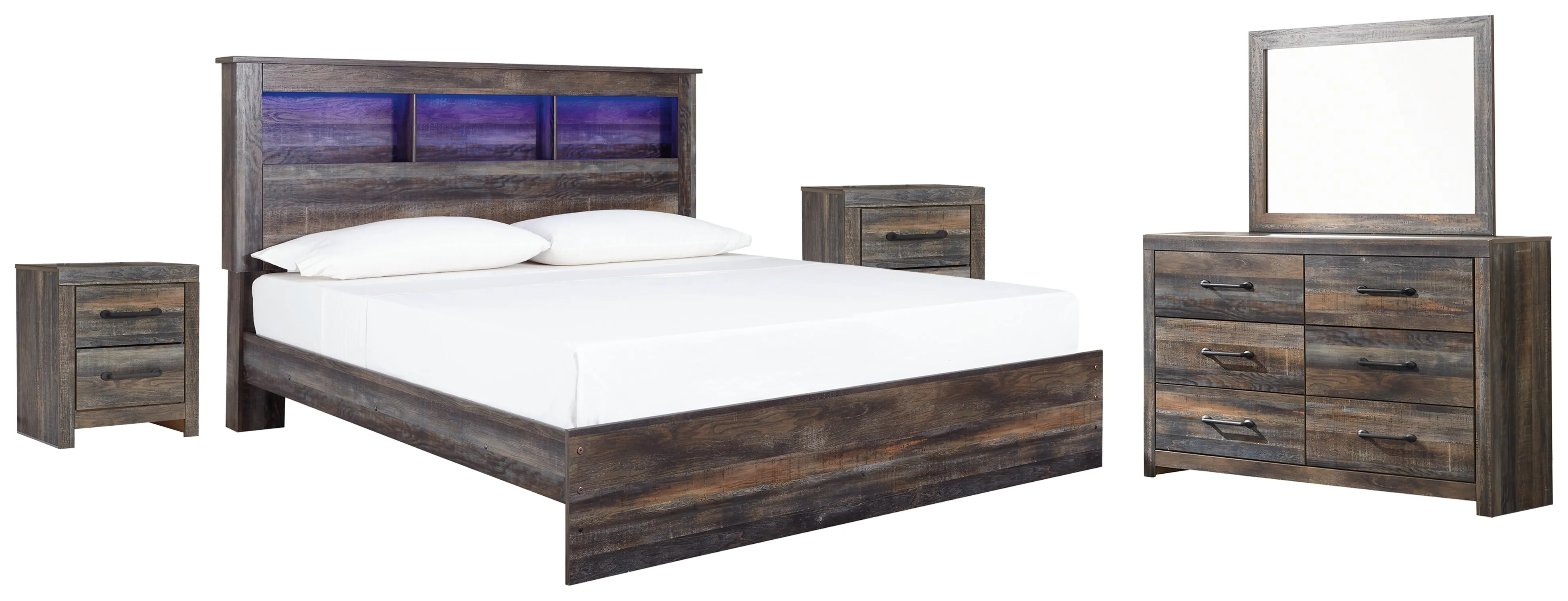 Drystan King Panel Bookcase Bed with Mirrored Dresser and 2 Nightstands in Multi
