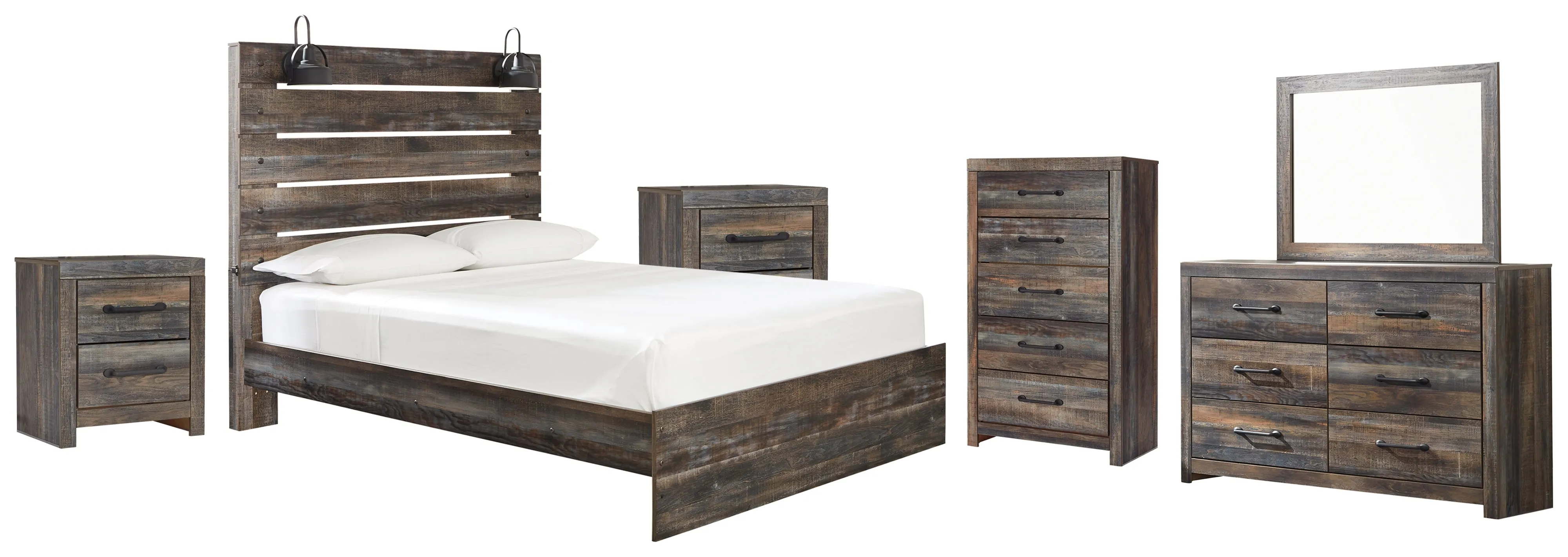 Drystan Queen Panel Bed with Mirrored Dresser, Chest and 2 Nightstands in Multi
