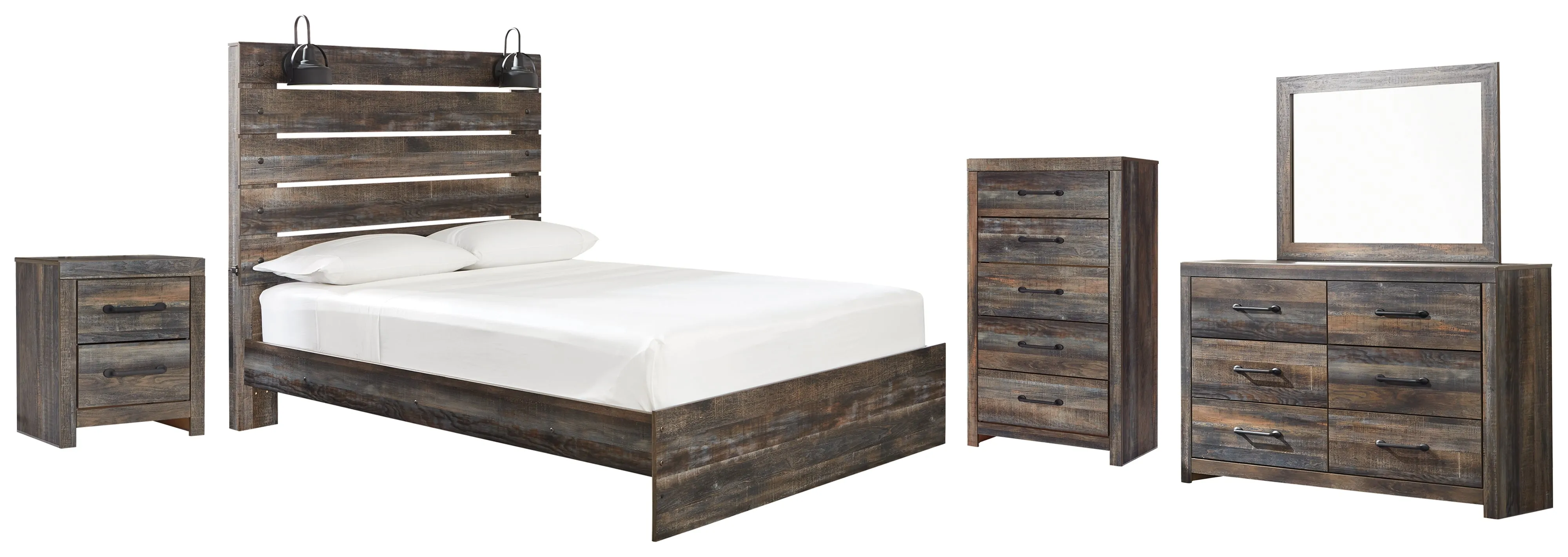 Drystan Queen Panel Bed with Mirrored Dresser, Chest and Nightstand in Multi