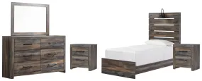 Drystan Twin Panel Bed with Mirrored Dresser and 2 Nightstands in Multi