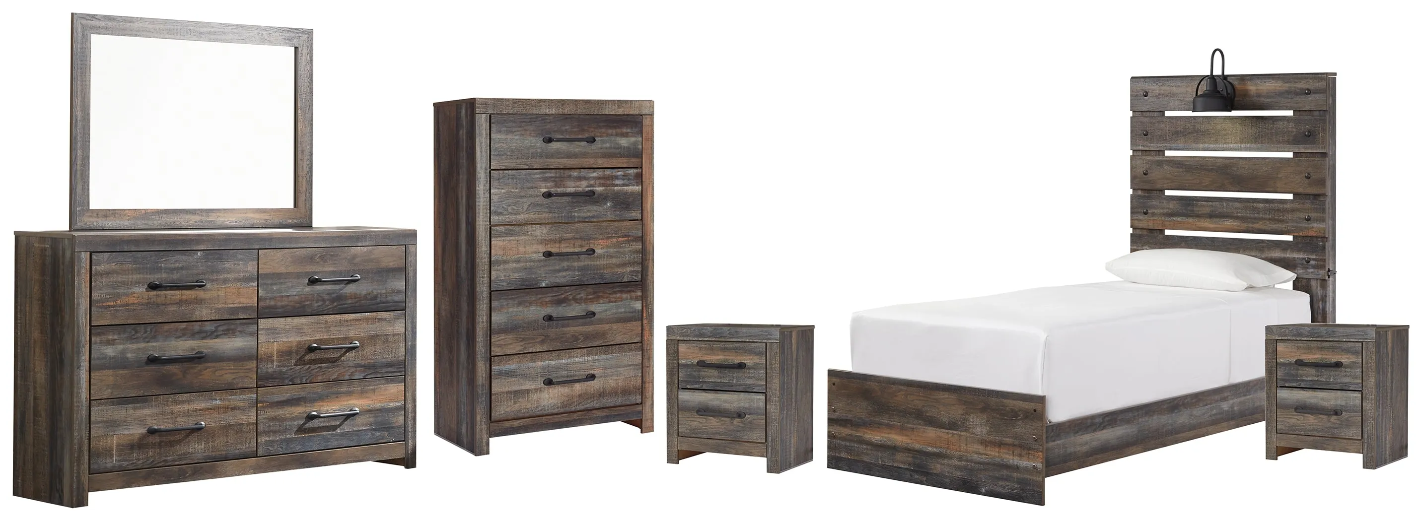 Drystan Twin Panel Bed with Mirrored Dresser, Chest and 2 Nightstands in Multi