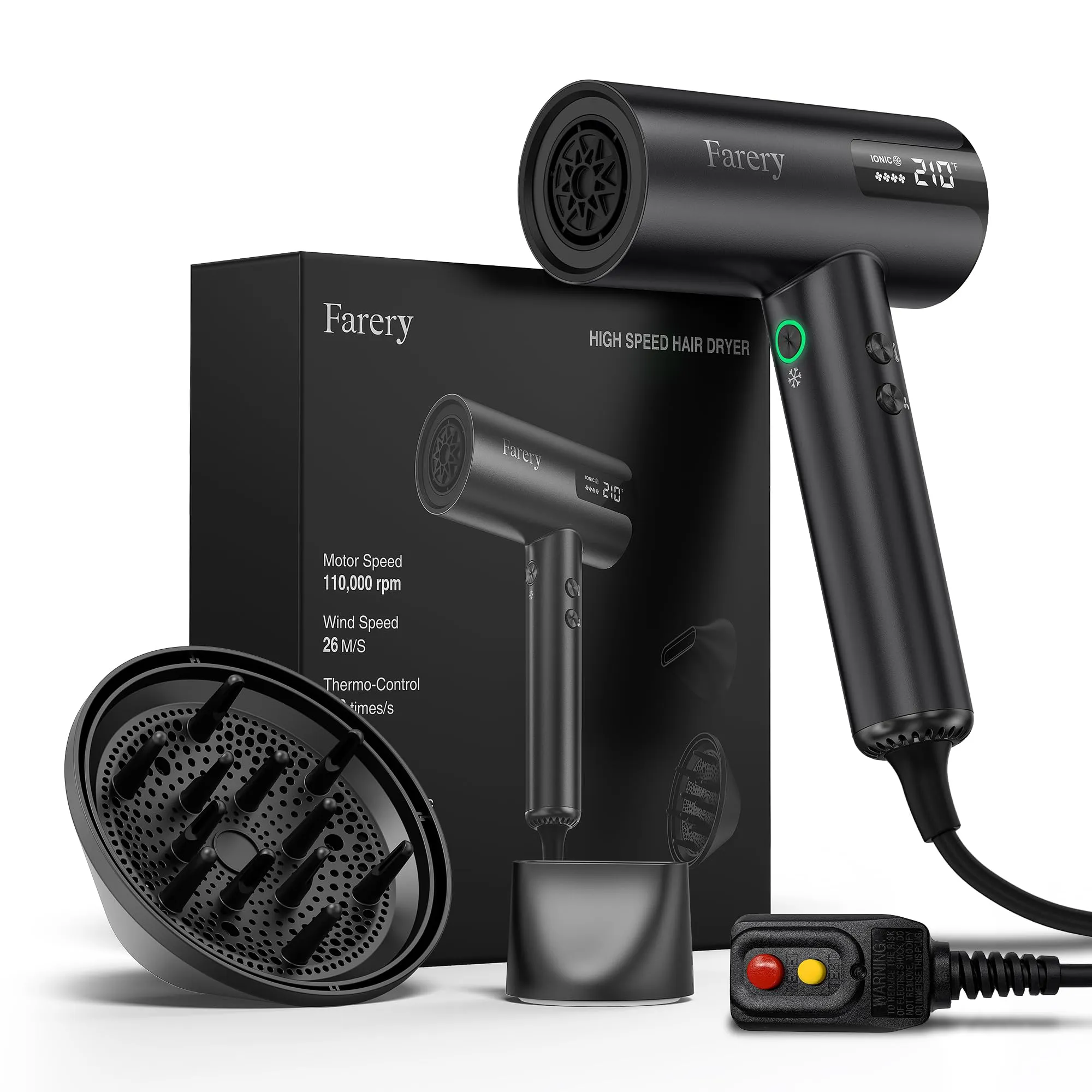 FARERY Ionic Hair Dryer with Diffuser, 1400W