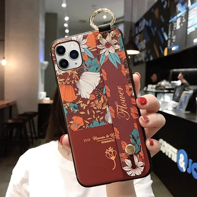 For iPhone 11 Case Fashion Flower Phone Holder Case for iPhone 8 Plus 6 6s 7 X XR XS 11 pro max Soft TPU Wrist Strap Cover Etui