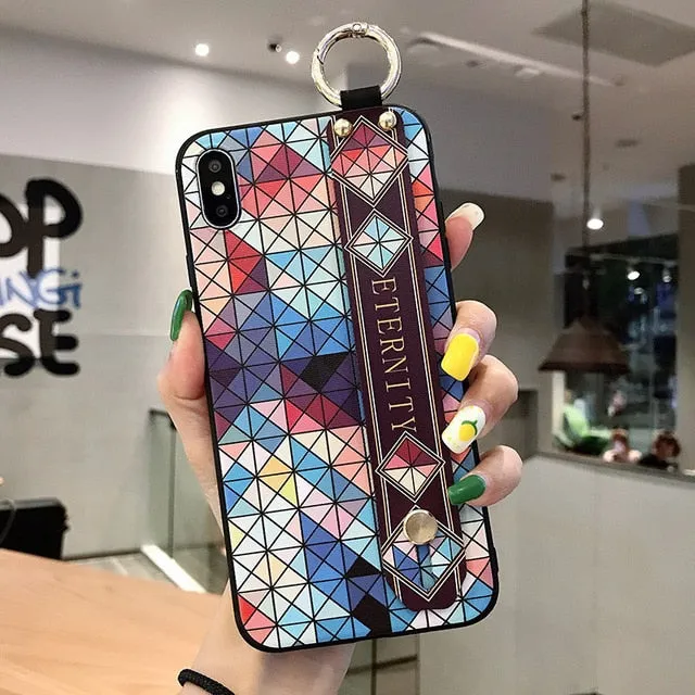 For iPhone 11 Case Fashion Flower Phone Holder Case for iPhone 8 Plus 6 6s 7 X XR XS 11 pro max Soft TPU Wrist Strap Cover Etui