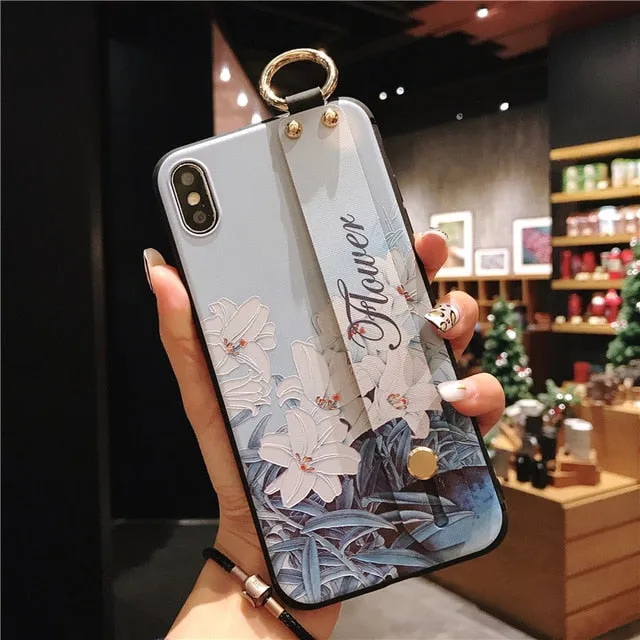 For iPhone 11 Case Fashion Flower Phone Holder Case for iPhone 8 Plus 6 6s 7 X XR XS 11 pro max Soft TPU Wrist Strap Cover Etui