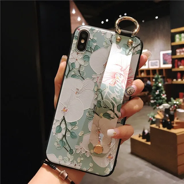 For iPhone 11 Case Fashion Flower Phone Holder Case for iPhone 8 Plus 6 6s 7 X XR XS 11 pro max Soft TPU Wrist Strap Cover Etui