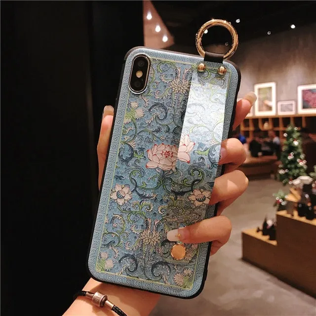 For iPhone 11 Case Fashion Flower Phone Holder Case for iPhone 8 Plus 6 6s 7 X XR XS 11 pro max Soft TPU Wrist Strap Cover Etui