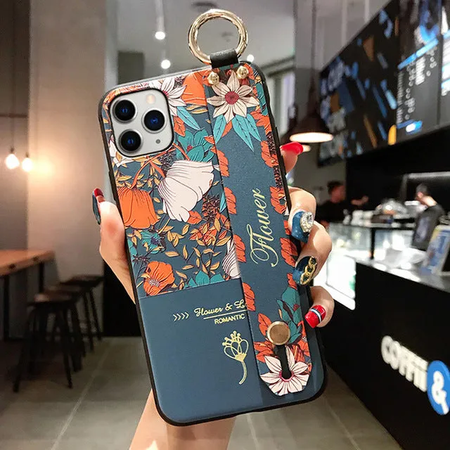 For iPhone 11 Case Fashion Flower Phone Holder Case for iPhone 8 Plus 6 6s 7 X XR XS 11 pro max Soft TPU Wrist Strap Cover Etui