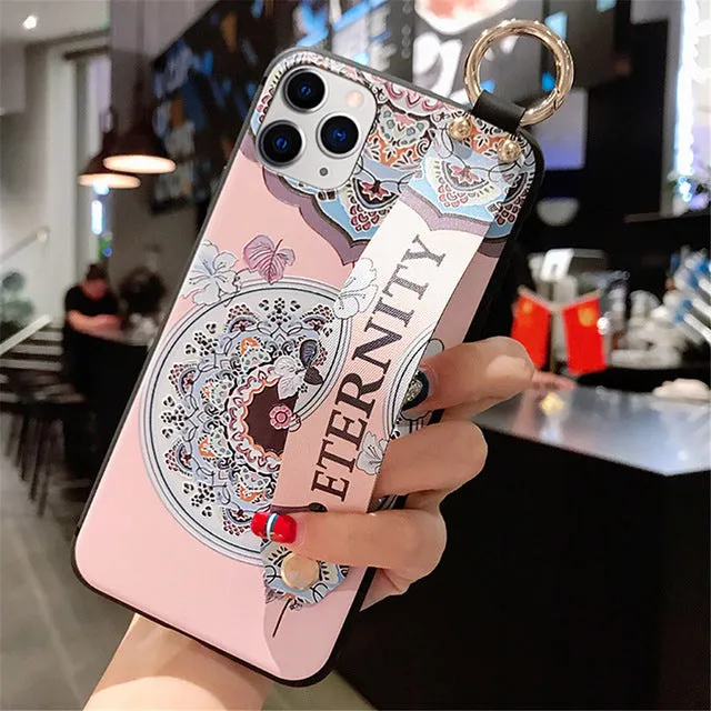 For iPhone 11 Case Fashion Flower Phone Holder Case for iPhone 8 Plus 6 6s 7 X XR XS 11 pro max Soft TPU Wrist Strap Cover Etui