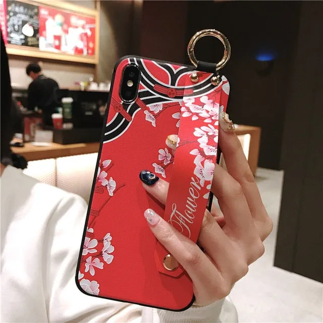 For iPhone 11 Case Fashion Flower Phone Holder Case for iPhone 8 Plus 6 6s 7 X XR XS 11 pro max Soft TPU Wrist Strap Cover Etui