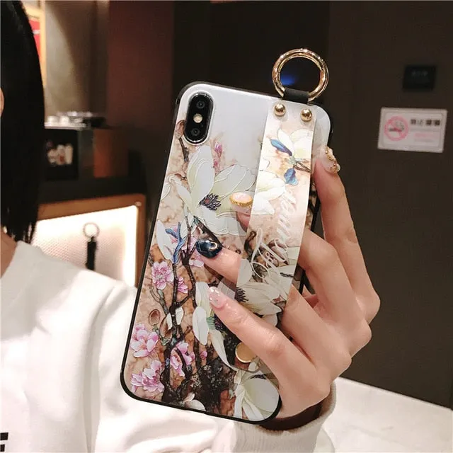 For iPhone 11 Case Fashion Flower Phone Holder Case for iPhone 8 Plus 6 6s 7 X XR XS 11 pro max Soft TPU Wrist Strap Cover Etui