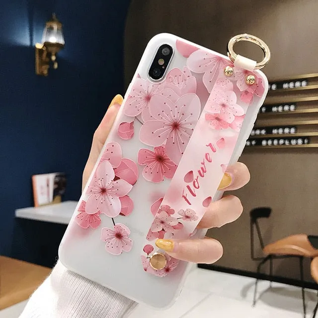For iPhone 11 Case Fashion Flower Phone Holder Case for iPhone 8 Plus 6 6s 7 X XR XS 11 pro max Soft TPU Wrist Strap Cover Etui