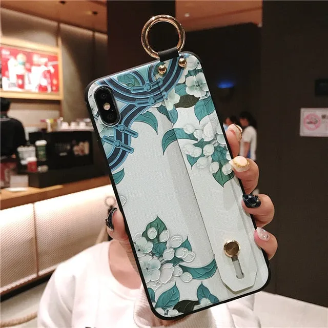 For iPhone 11 Case Fashion Flower Phone Holder Case for iPhone 8 Plus 6 6s 7 X XR XS 11 pro max Soft TPU Wrist Strap Cover Etui