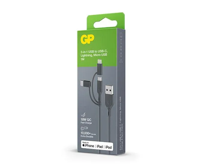 GP 1 metre 3-in-1 USB-A to Lightning, USB-C & Micro-USB Charge & Sync Cable CY1N