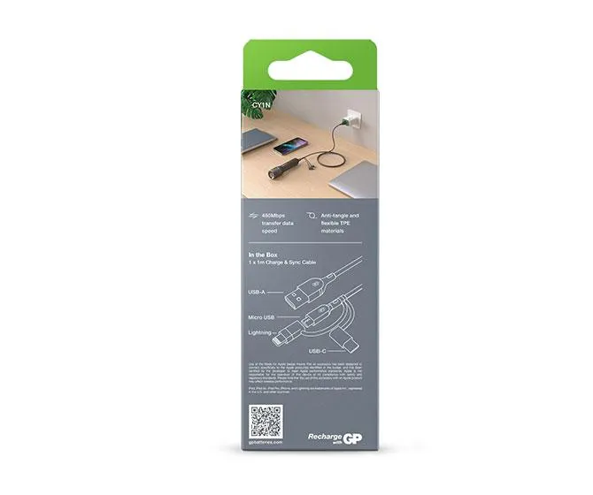 GP 1 metre 3-in-1 USB-A to Lightning, USB-C & Micro-USB Charge & Sync Cable CY1N