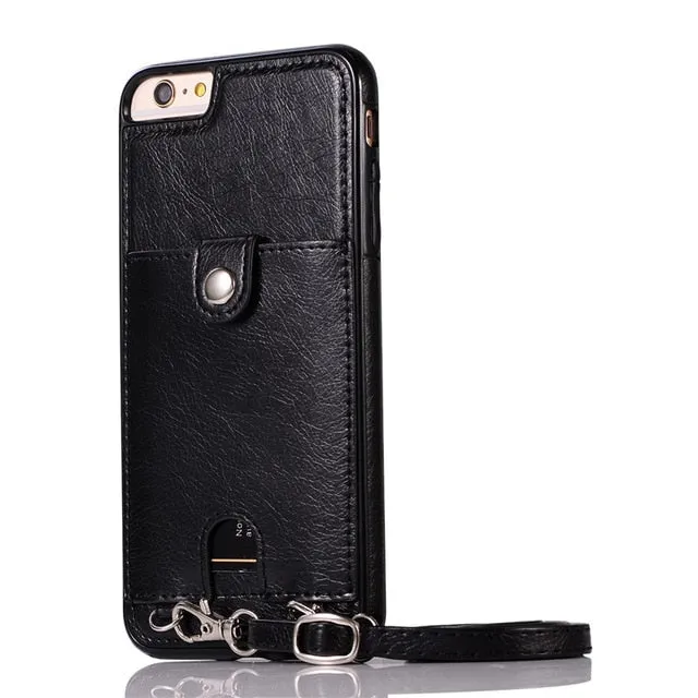 Haissky Vintage PU Leather Back Case for iPhone 11 Pro Max Xs Max XR X Wallet Card Case for iPhone 6 6S 7 8 Plus Case With Strap