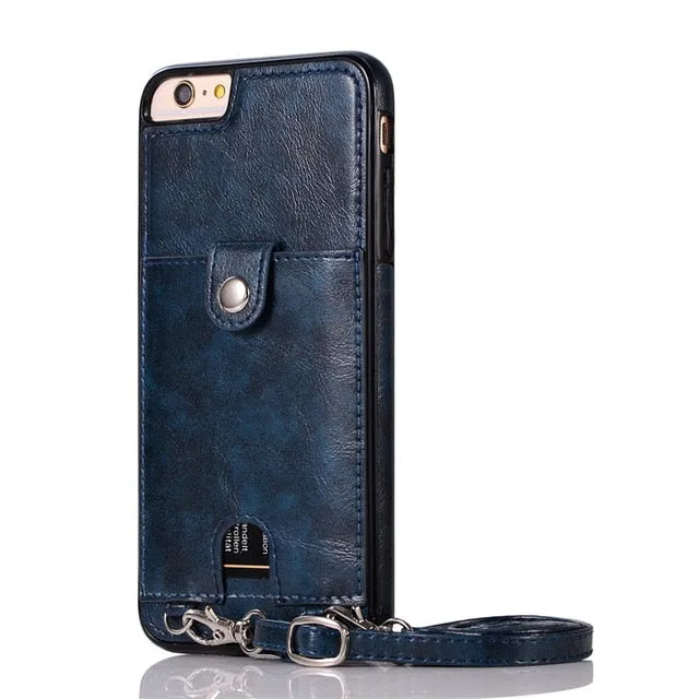 Haissky Vintage PU Leather Back Case for iPhone 11 Pro Max Xs Max XR X Wallet Card Case for iPhone 6 6S 7 8 Plus Case With Strap