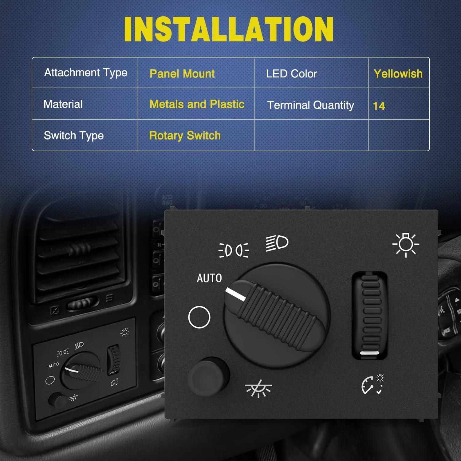 Headlight Dimmer Switch with Warm White LED Light Compatible with 2003-2007 Chevy Silverado 1500 2500 3500 2003-2006 GMC Sierra 1500 2500 Cadillac Escalade