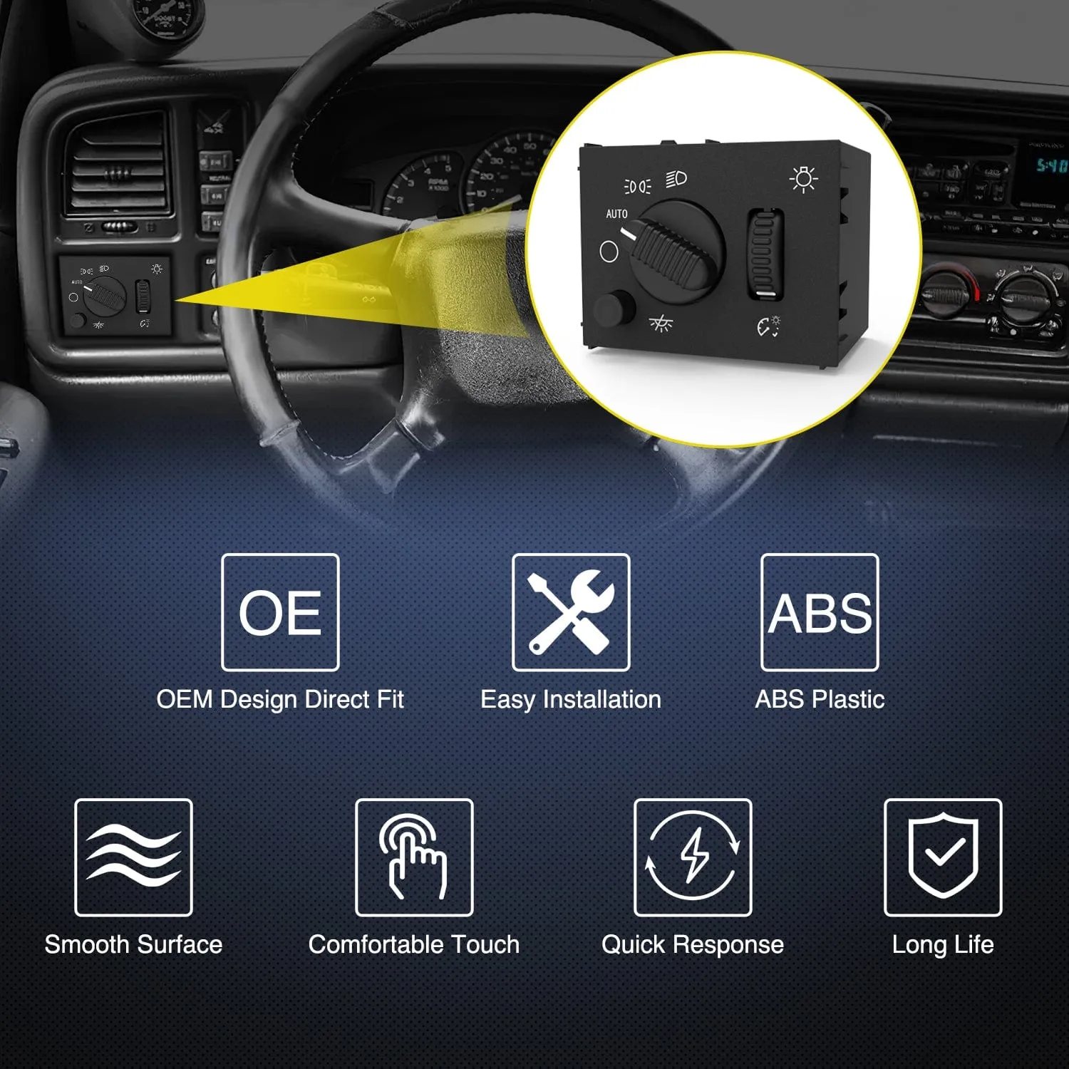 Headlight Dimmer Switch with Warm White LED Light Compatible with 2003-2007 Chevy Silverado 1500 2500 3500 2003-2006 GMC Sierra 1500 2500 Cadillac Escalade