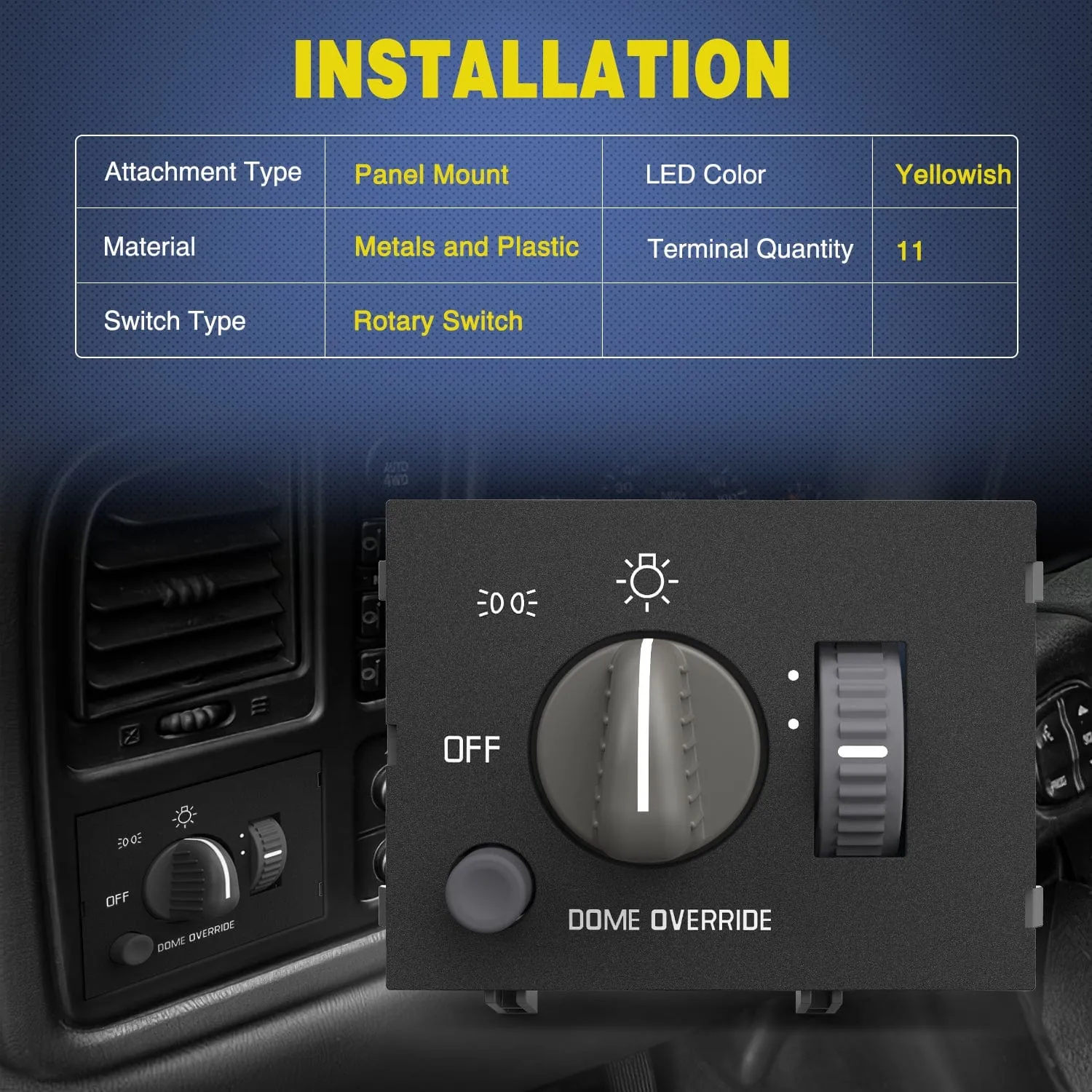Headlight Dimmer Switch with Yellowish LED Light Compatible with 1995-1999 Chevy Silverado 1500 Tahoe Astro 1995-1999 GMC Yukon 1999-2000 Cadillac Escalade