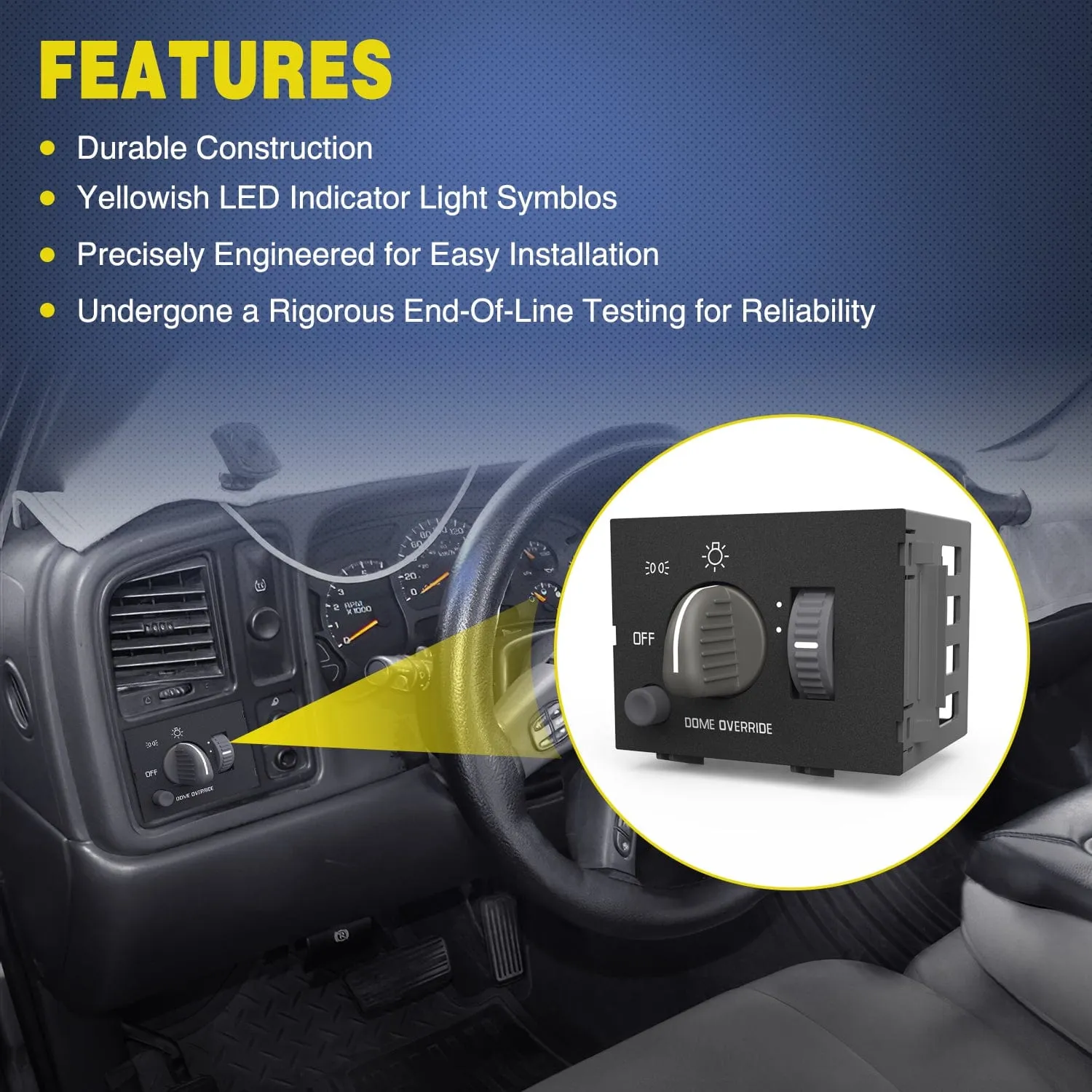 Headlight Dimmer Switch with Yellowish LED Light Compatible with 1995-1999 Chevy Silverado 1500 Tahoe Astro 1995-1999 GMC Yukon 1999-2000 Cadillac Escalade