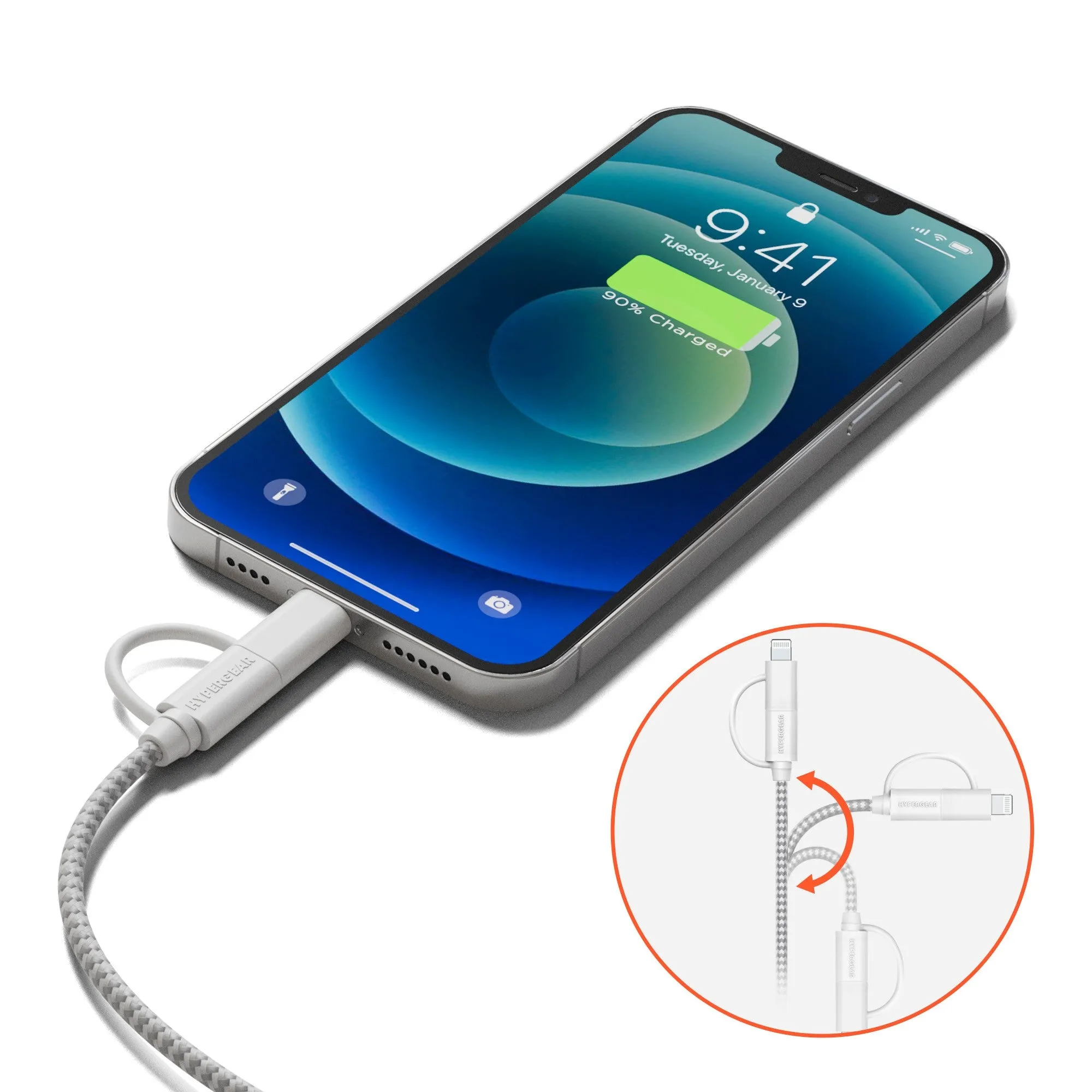 HyperGear 1 ft. 30cm 2-in-1 USB-C to USB-C   USB-C to Lightning Braided Charge and Sync Cable - 15-13655