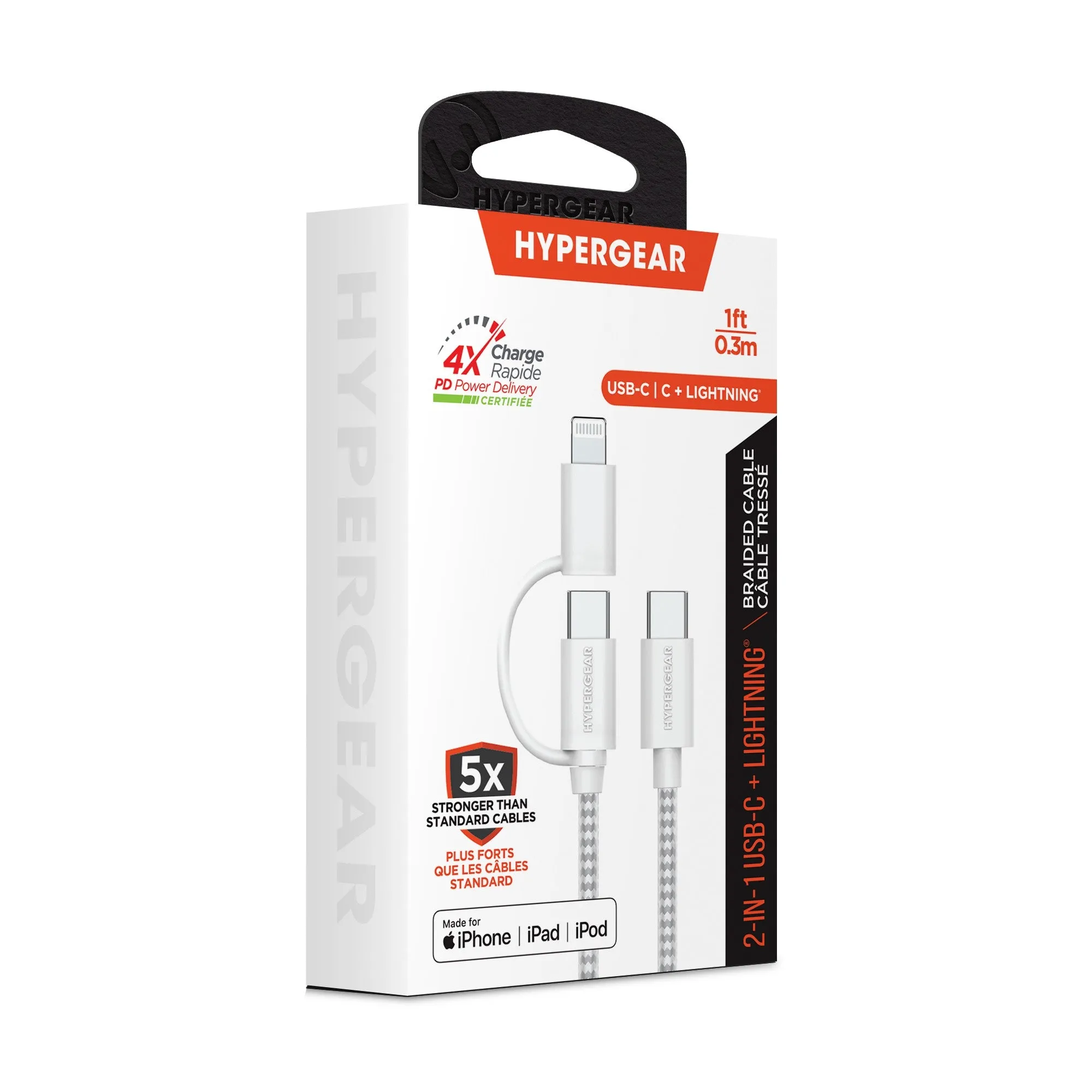 HyperGear 1 ft. 30cm 2-in-1 USB-C to USB-C   USB-C to Lightning Braided Charge and Sync Cable - 15-13655